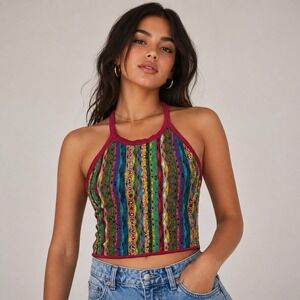 COOGI Sport Halter Tank Top L Multicolor Textured Knit Y2K Festival Crop